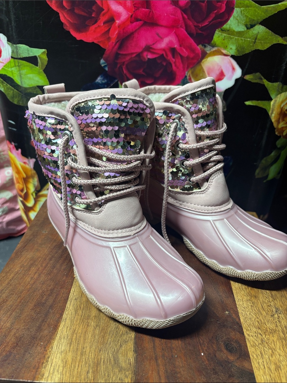 Adrienne Vittadini Pink Sequin Duck Rain & Snow Boots